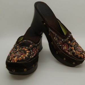 M.P.S. brown satin beaded clogs 5.5